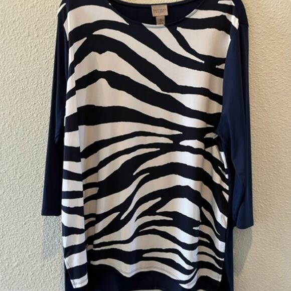 Easywear by Chicos Navy & White Zebra Stripe 3/4 Sleeve Tunic Top Sz 3 - Picture 5 of 11